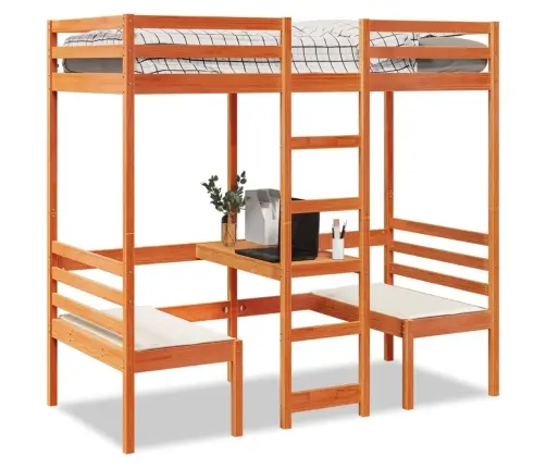 Kõrge Voodi Koos Kirjutuslaua Ja Toolidega, 90X190 Cm Männipuit