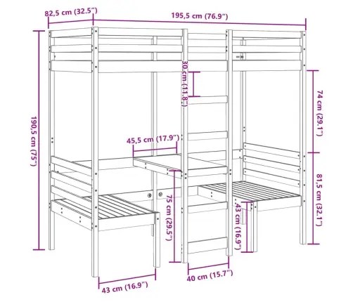 Aukšta Lova Su Stalu Ir Kėdėmis, Balta, 75X190cm Pušis