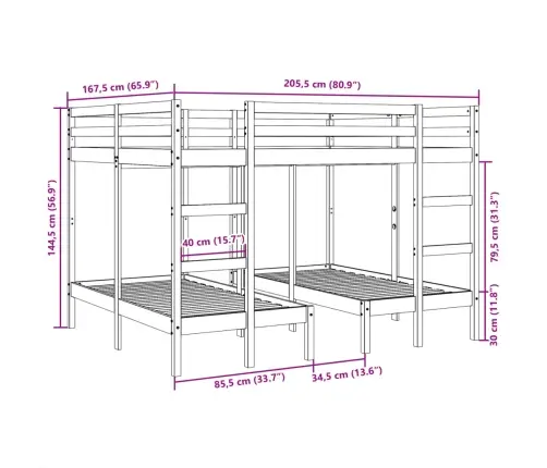 Triaukštės Lovos Rėmas, 160X200/80X160cm Pušies Masyvas