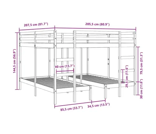 Trīsstāvu Gulta, Balta, 200X200/80X200 Cm, Priedes Masīvkoks Vidaxl