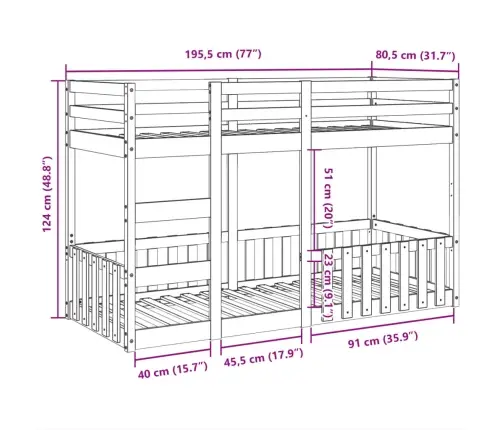 Divstāvu Gulta, Balta, 75X190 Cm, Priedes Masīvkoks Vidaxl