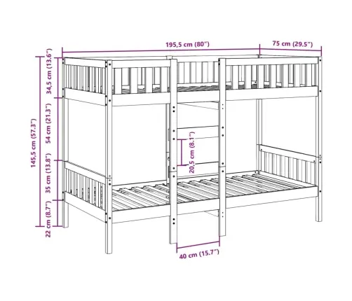 Divstāvu Gulta, 75X190 Cm, Priedes Masīvkoks Vidaxl