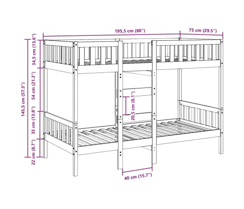 Divstāvu Gulta, Balta, 75X190 Cm, Priedes Masīvkoks Vidaxl