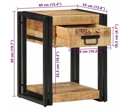 Nakts Skapītis 40X35X50 Cm Masīv, Raupja Koka Mango Vidaxl