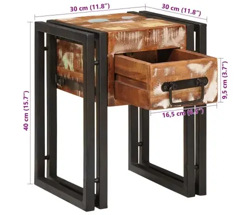 Sānu Galdiņš 30 X 30 X 40 Cm Cieta Atjaunota Koksne Un Metāls Vidaxl