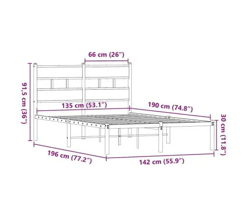 Gultas Rāmis Bez Matrača, Metāls, 135X190Cm, Ozolkoka Imitācija Vidaxl