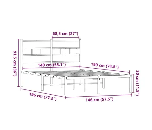 Gultas Rāmis Bez Matrača, Metāls, 140X190Cm, Ozolkoka Imitācija Vidaxl