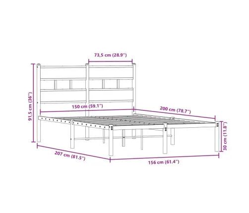 Gultas Rāmis Bez Matrača, Metāls, 150X200 M, Ozolkoka Imitācija Vidaxl