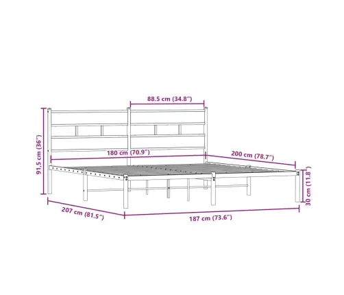 Gultas Rāmis Bez Matrača, Metāls, 180X200Cm, Ozolkoka Imitācija Vidaxl