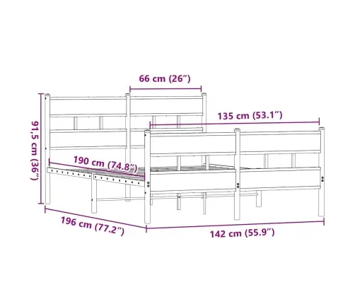 Gultas Rāmis Bez Matrača, Metāls, 135X190Cm, Ozolkoka Imitācija Vidaxl