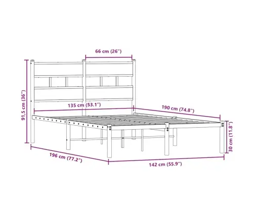 Gultas Rāmis Bez Matrača, Metāls, Ozolkoka, 135X190 Cm Vidaxl