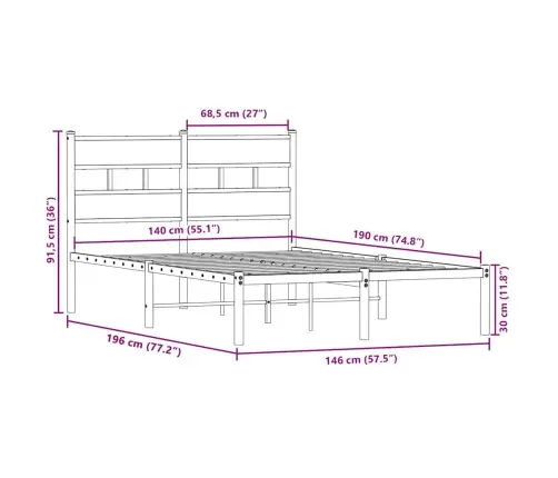 Gultas Rāmis Bez Matrača, Metāls, Ozolkoka, 140X190 Cm Vidaxl
