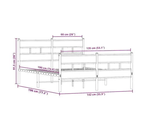 Gultas Rāmis Bez Matrača, Metāls, Ozolkoka, 135X190 Cm Vidaxl