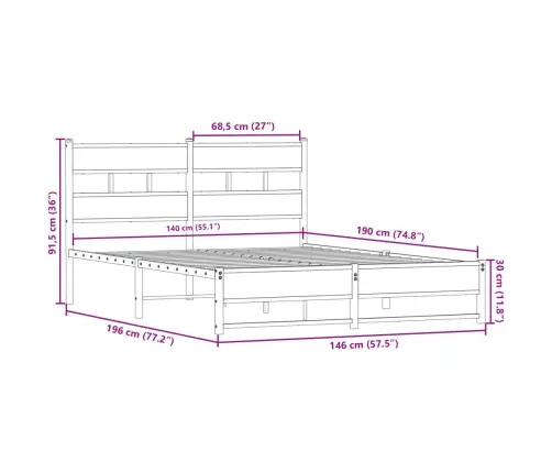Gultas Rāmis Bez Matrača, Metāls, 140X190Cm, Ozolkoka Imitācija Vidaxl