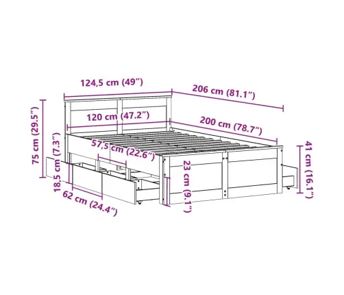 Gulta Bez Matrača, Ar Galvgali, Balta, 120X200 Cm, Priedes Koks Vidaxl