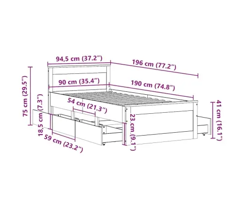 Peatsiga Voodiraam, Ilma Madratsita, 90 X 190 cm Männipuit