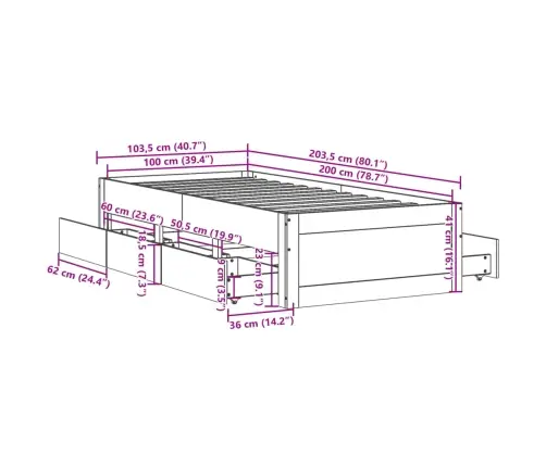 Lovos Rėmas Be Čiužinio Su Stalčiais, Ruda, 100X200cm Pušis