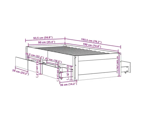 Gulta Bez Matrača, Ar Atvilktnēm, 90X190 Cm, Priedes Masīvkoks Vidaxl