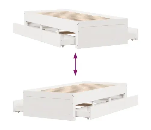 Voodi Ilma Madratsita Sahtlitega, Valge, 75 X 190 cm Männipuit