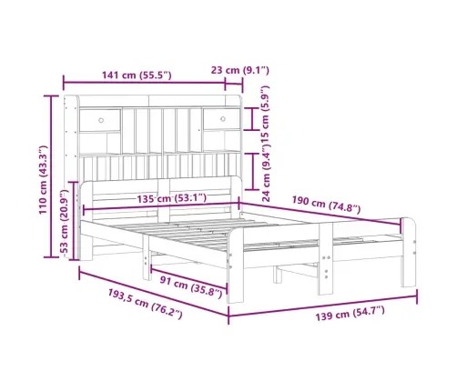 Gulta Ar Grāmatu Plauktu, Bez Matrača, 135X190 Cm, Priedes Koks Vidaxl
