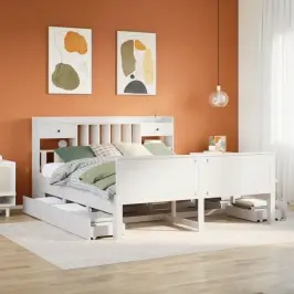 Lova Su Knygų Spinta Be Čiužinio, Balta, 180X200cm Pušis Lova Su Knygų Spinta Be Čiužinio, Balta, 180X200cm Pušis