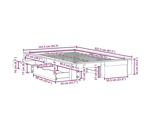 Voodiraam Ilma Madratsita, Vahapruun, 120 X 200 cm Männipuit