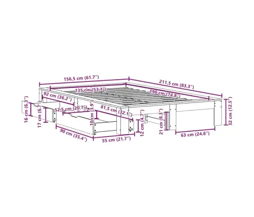 Voodiraam Ilma Madratsita, 135 X 190 cm Männipuit