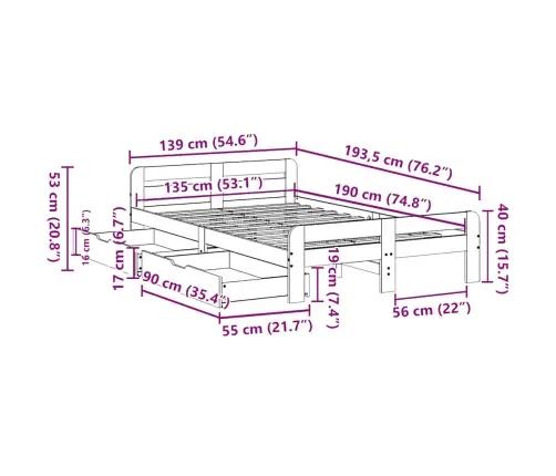 Gulta Bez Matrača, Balts, 135X190 Cm, Priedes Masīvkoks Vidaxl