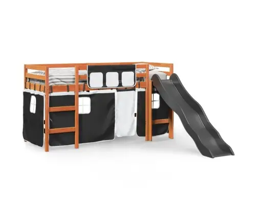 Bērnu Gulta Ar Aizkariem, Melni Ar Baltu, 80X200 Cm, Priede Vidaxl