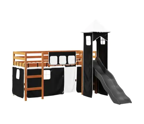 Bērnu Augstā Gulta Ar Torni, Melni Balta, 80X200 Cm, Priede Vidaxl
