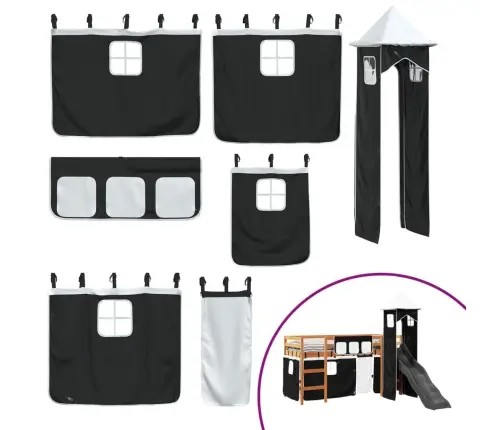 Bērnu Augstā Gulta Ar Torni, Melni Balta, 80X200 Cm, Priede Vidaxl