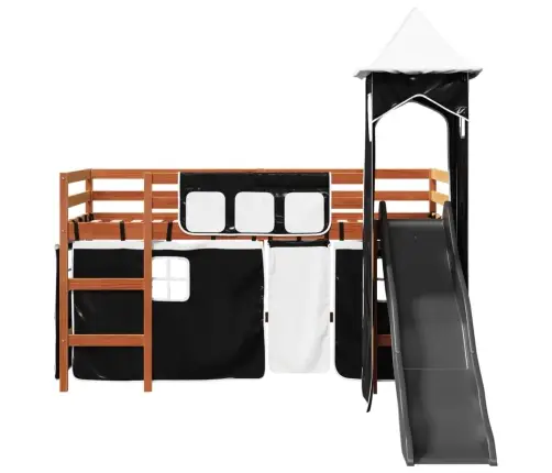 Bērnu Augstā Gulta Ar Torni, Melni Balta, 80X200 Cm, Priede Vidaxl