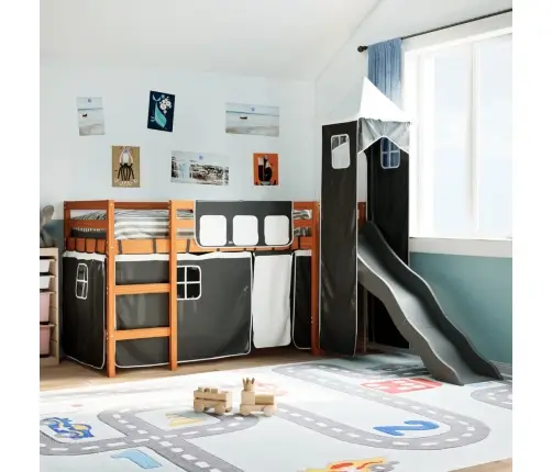 Bērnu Augstā Gulta Ar Torni, Melni Balta, 80X200 Cm, Priede Vidaxl