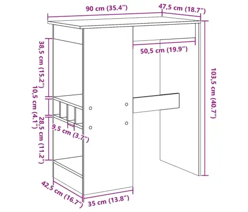 Baro Stalas Su Laikikliais, Baltas, 90X47,5X103,5cm Mediena Baro Stalas Su Laikikliais, Baltas, 90X47,5X103,5cm Mediena