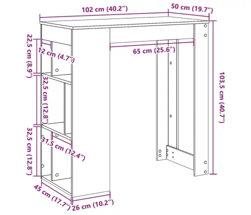 Bāra Galds Ar Plauktiem Pelēks 102X50X103,5Cm Inženierijas Koks Vidaxl