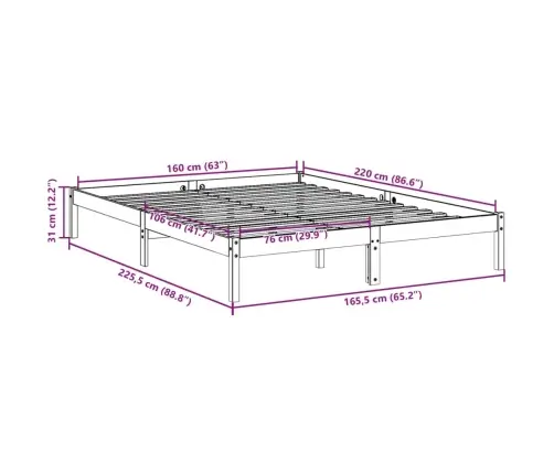 Gulta Bez Matrača, Īpaši Gara, Balta, 160X220 Cm, Priedes Koks Vidaxl