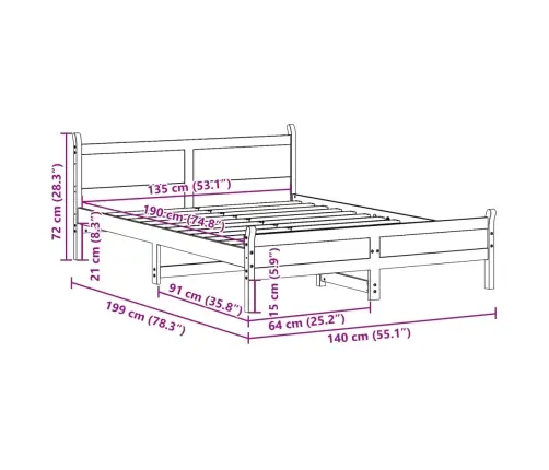 Gulta Bez Matrača, Vaska Brūnas, 135X190 Cm, Priedes Masīvkoks Vidaxl