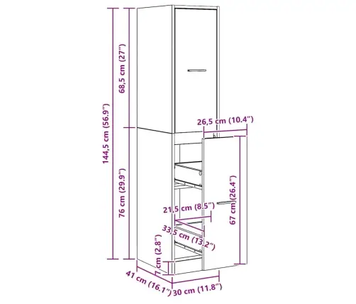 Vaistinės Spintelė, Meniško Ąžuolo Spalvos, 30X41X144,5 cm Inžinerinė Mediena