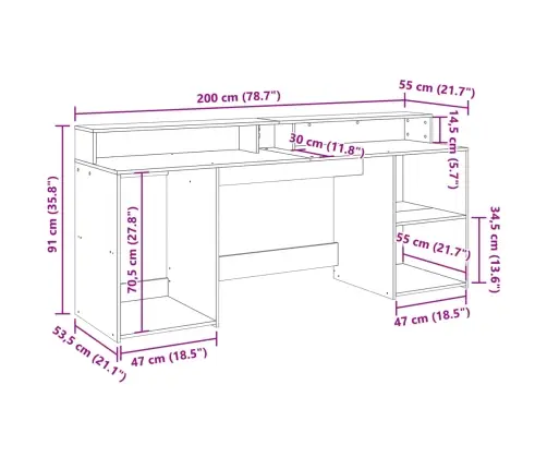 Kirjutuslaud Led-Tuledega, Valge, 200 X 55 X 91 cm Tehispuit