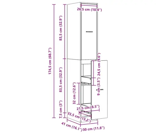 Atvilktņu Skapītis, Pelēks, 30X41X174,5 Cm, Inženierijas Koks Vidaxl