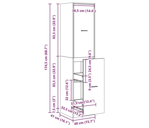 Atvilktņu Skapītis, Ozola, 40X41X174,5 Cm, Inženierijas Koks Vidaxl