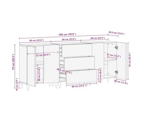3-Osalised Puhvetkapid Helehall 60X33,5X75 Cm Täispuidust Mango