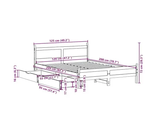 Voodi Ilma Madratsita, Valge, 120 X 200 cm Männipuit