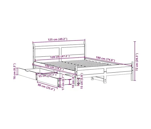 Voodiraam Ilma Madratsita, Vahapruun, 120 X 190 cm Männipuit