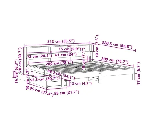 Lova Su Knygų Spinta Be Čiužinio, Balta, 200X200cm Pušis