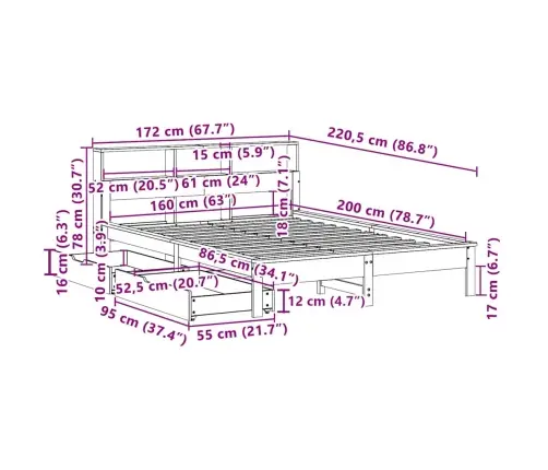 Gulta Ar Grāmatu Plauktu, Bez Matrača, 160X200 Cm, Priedes Koks Vidaxl