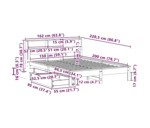 Gulta Ar Grāmatu Plauktu, Bez Matrača, 150X200 Cm, Priedes Koks Vidaxl