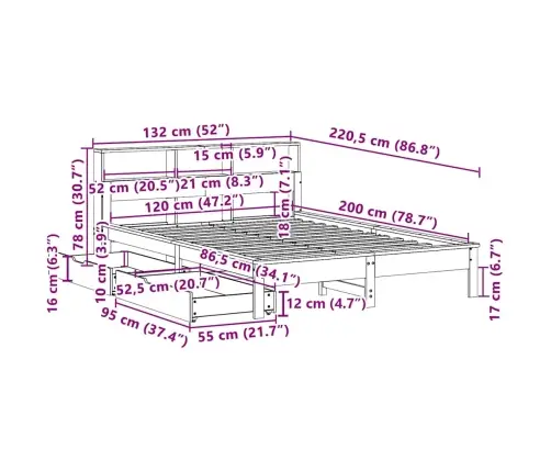 Gulta Ar Grāmatu Plauktu, Bez Matrača, 120X200 Cm, Priedes Koks Vidaxl