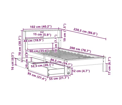 Lova Su Knygų Spinta Be Čiužinio, Balta, 90X200cm Pušis