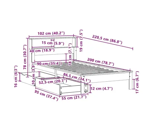 Riiuliga Voodi Ilma Madratsita, Vahapruun, 90X200 cm Männipuit